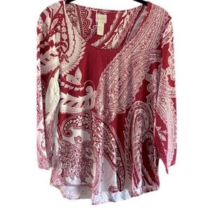 Chico’s Women’s Top 3/4 Sleeve Red White Print size 1 / Small